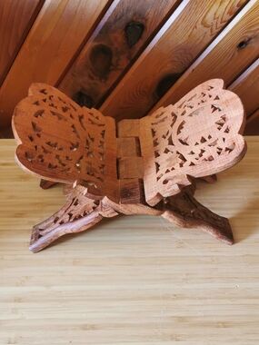 Vintage Hand Carved Wooden Folding Book Stand Ornate Decor